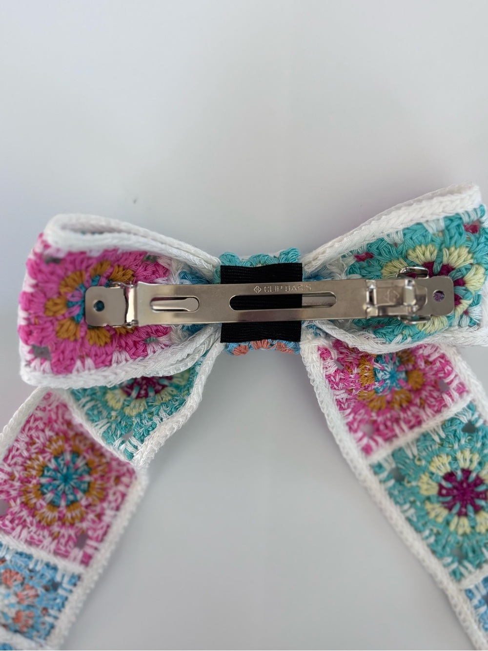 Y2K Retro Crochet Granny Square Hair Bow Barrette Cottagecore Indie Cream Blue - Picture 4 of 8